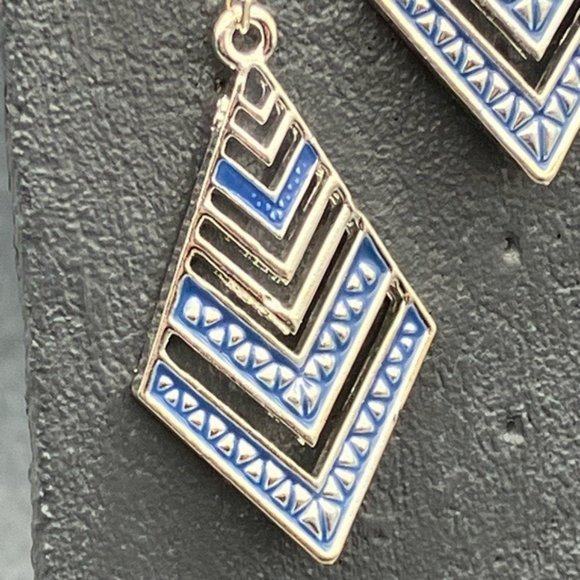 Dangle Pierced Earrings Silver Blue Enamel Chevron Hook Retro Nautical Classic - Picture 2 of 7